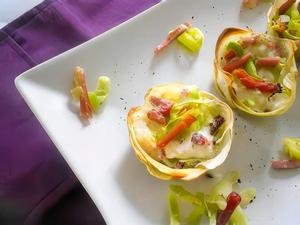 Cestini di Patata Dolce con Formaggi, Porro e Speck